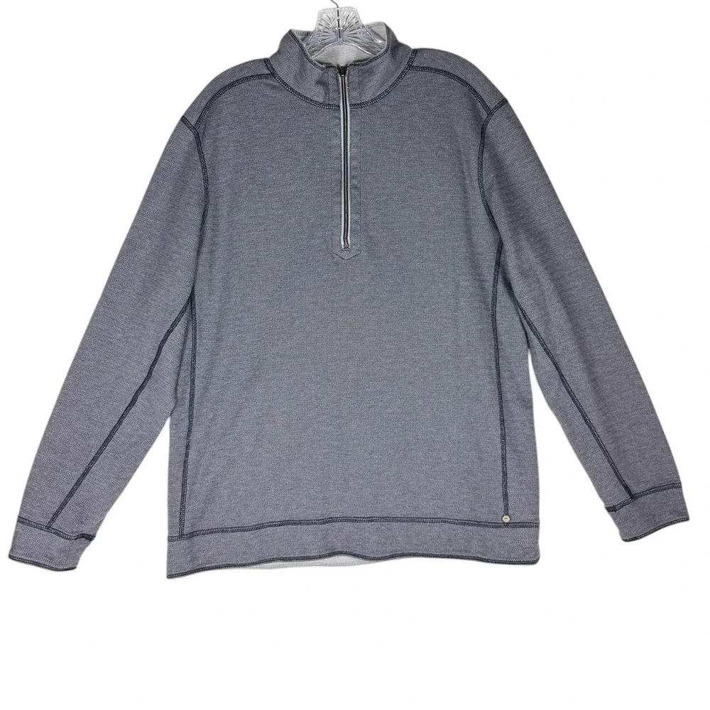 Tommy Bahama Mens Medium Reversible Quarter Zip Pullover Gray Herringbone Cotton